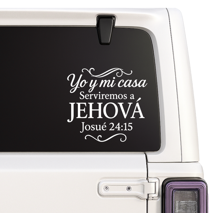 Car window with a decal featuring Spanish text and a Bible verse