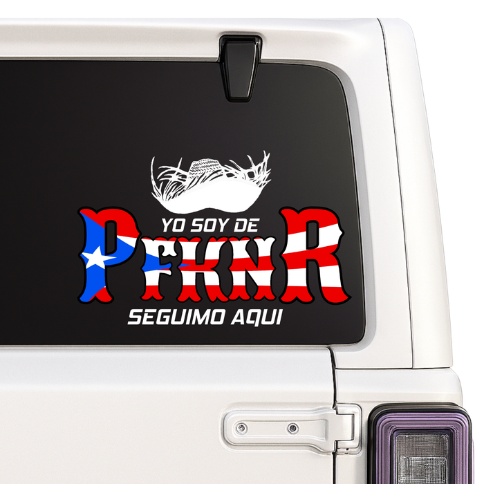 PFKNR Puerto Rico Car window with a decal featuring text and a logo on a black background