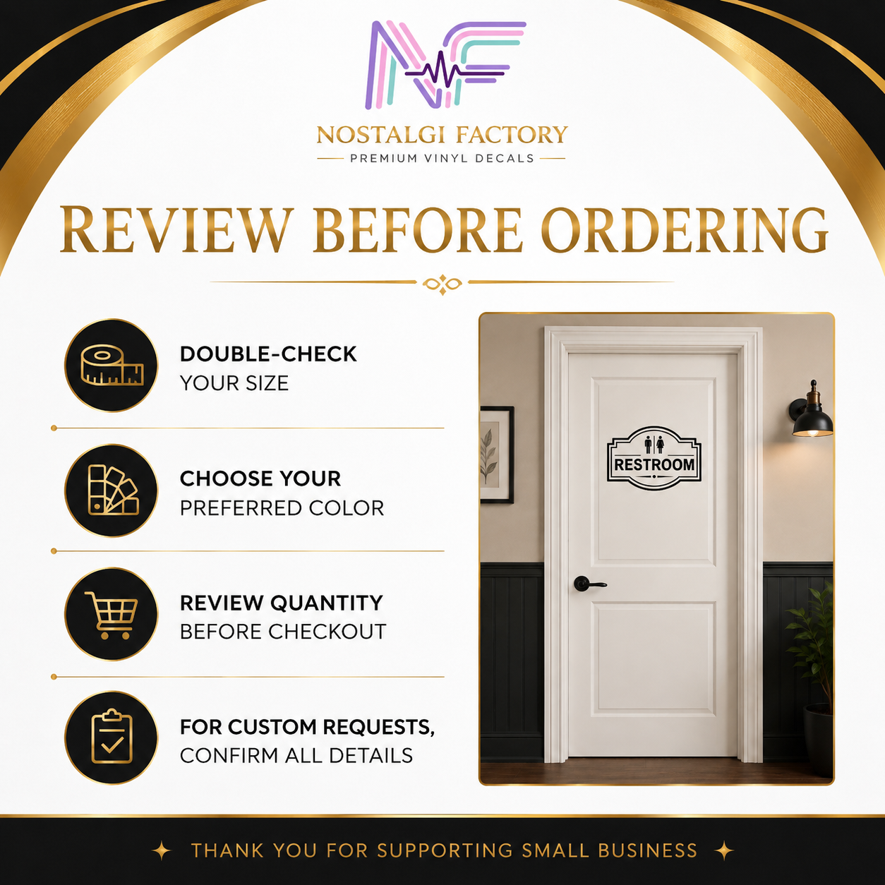 Elegant Vinyl Restroom Door Sign | Black with Decorative Border | Multiple Colors and Sizes Available | Bathroom Decals Sticker Nostalgi Factory