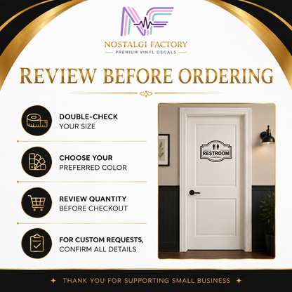 Elegant Vinyl Restroom Door Sign | Black with Decorative Border | Multiple Colors and Sizes Available | Bathroom Decals Sticker Nostalgi Factory