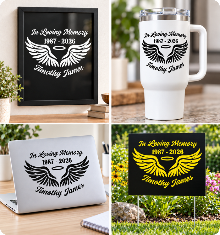 In Loving Memory Car Decal - Customizable Angel Wings Tribute