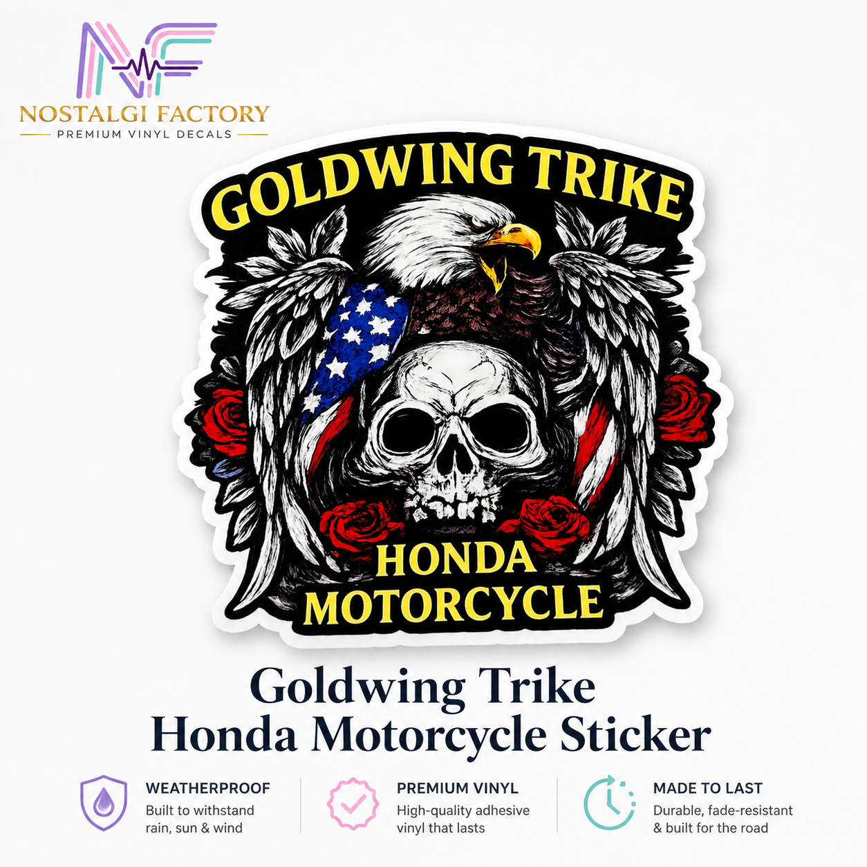 Goldwing Trike Motorcycle Sticker – Eagle Skull American Flag Weatherproof Vinyl Sticker