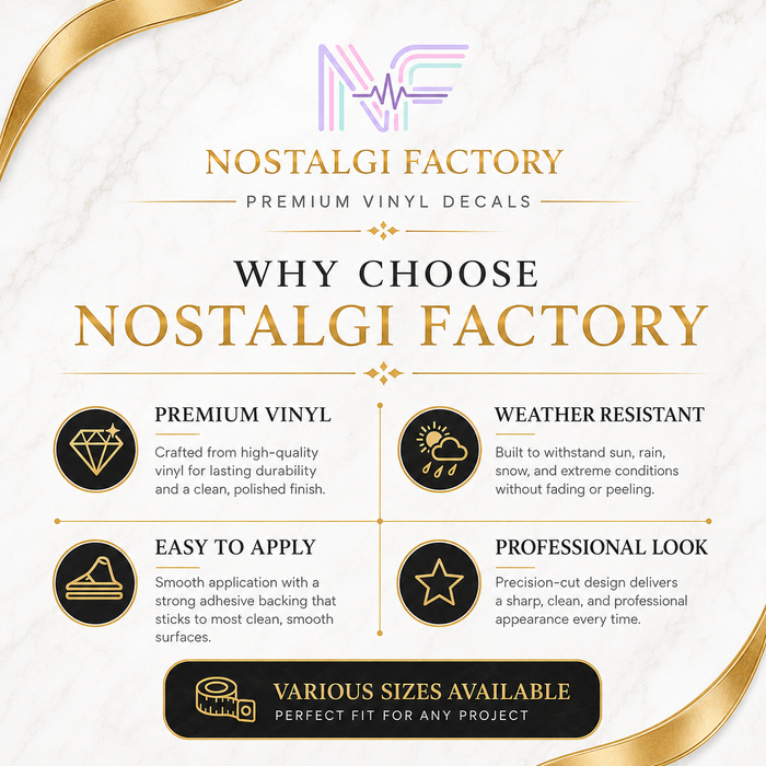 Promotional graphic for Nostalgi Factory vinyl decals with features and benefits.