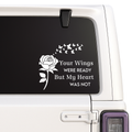 Decal with a rose and butterflies on a car window with text.