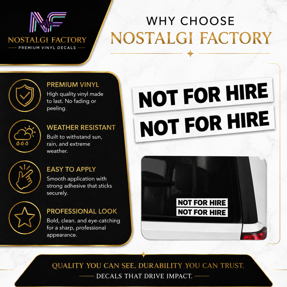 Not For Hire Vinyl Decals, 2x13 Inch Truck Window Sticker Set Nostalgi Factory