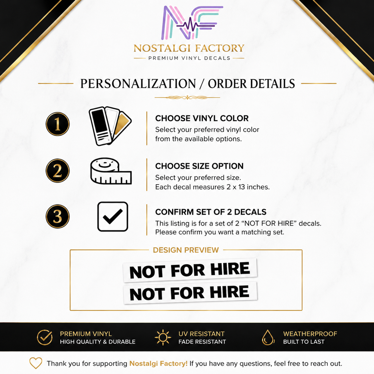 Not For Hire Vinyl Decals, 2x13 Inch Truck Window Sticker Set Nostalgi Factory