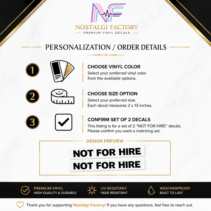 Not For Hire Vinyl Decals, 2x13 Inch Truck Window Sticker Set Nostalgi Factory