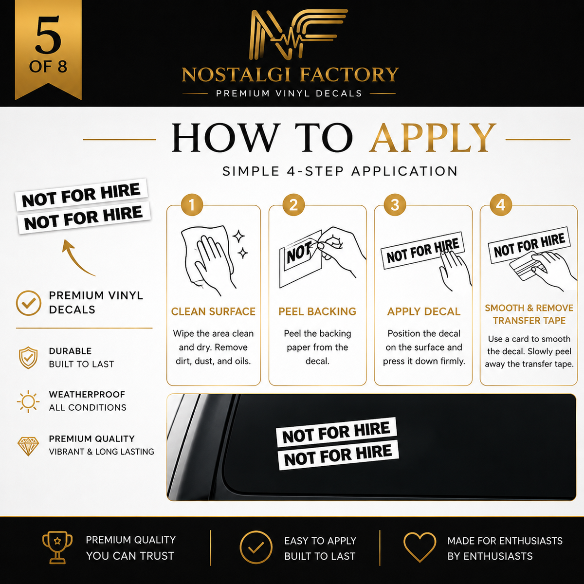 Not For Hire Vinyl Decals, 2x13 Inch Truck Window Sticker Set Nostalgi Factory