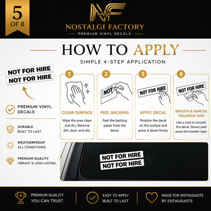Not For Hire Vinyl Decals, 2x13 Inch Truck Window Sticker Set Nostalgi Factory