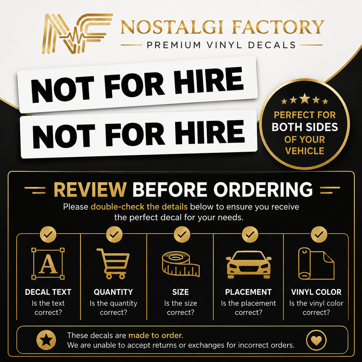 Not For Hire Vinyl Decals, 2x13 Inch Truck Window Sticker Set Nostalgi Factory
