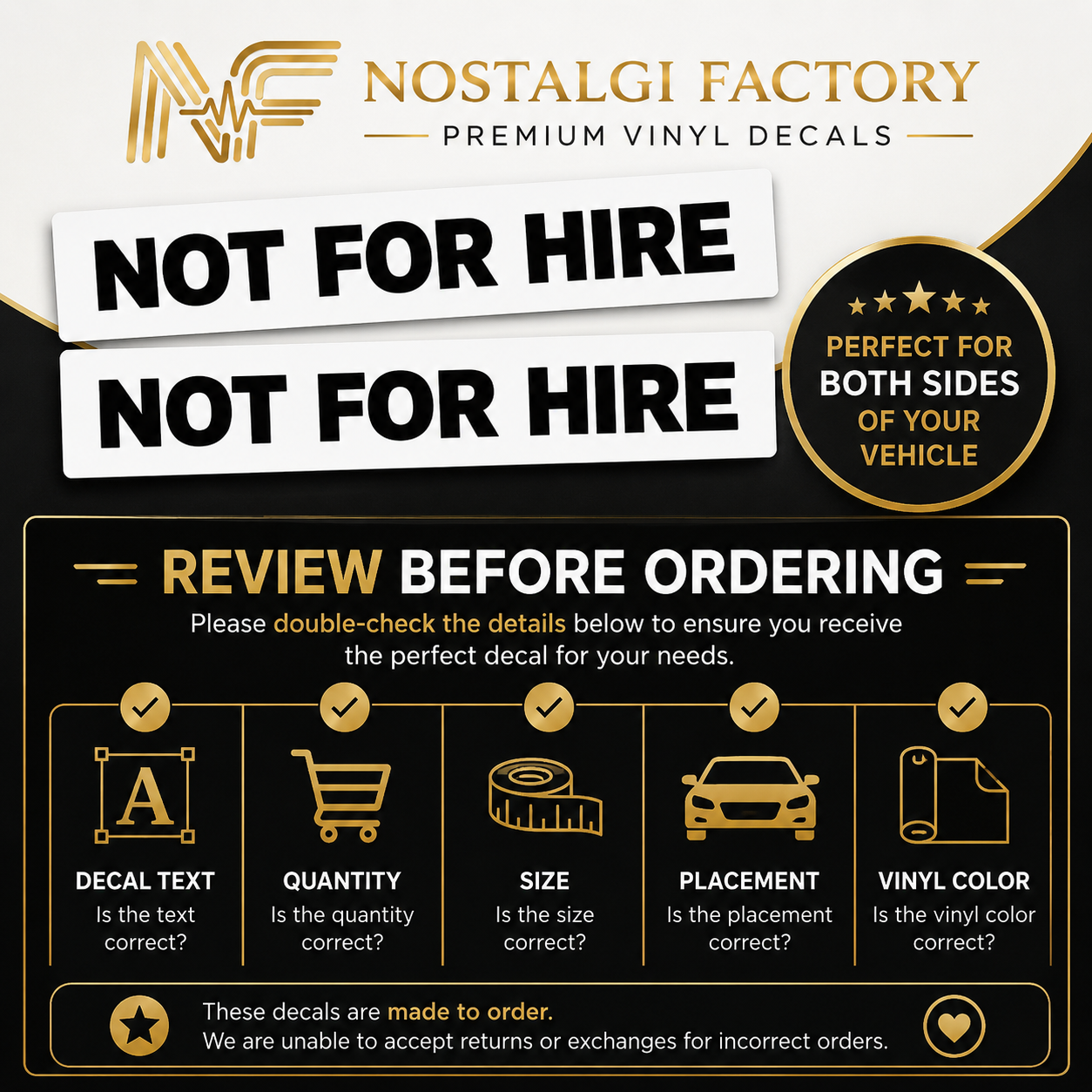 Not For Hire Vinyl Decals, 2x13 Inch Truck Window Sticker Set Nostalgi Factory
