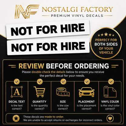 Not For Hire Vinyl Decals, 2x13 Inch Truck Window Sticker Set Nostalgi Factory