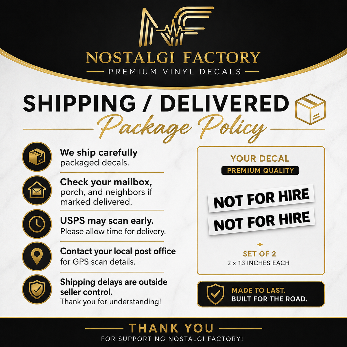 Not For Hire Vinyl Decals, 2x13 Inch Truck Window Sticker Set Nostalgi Factory