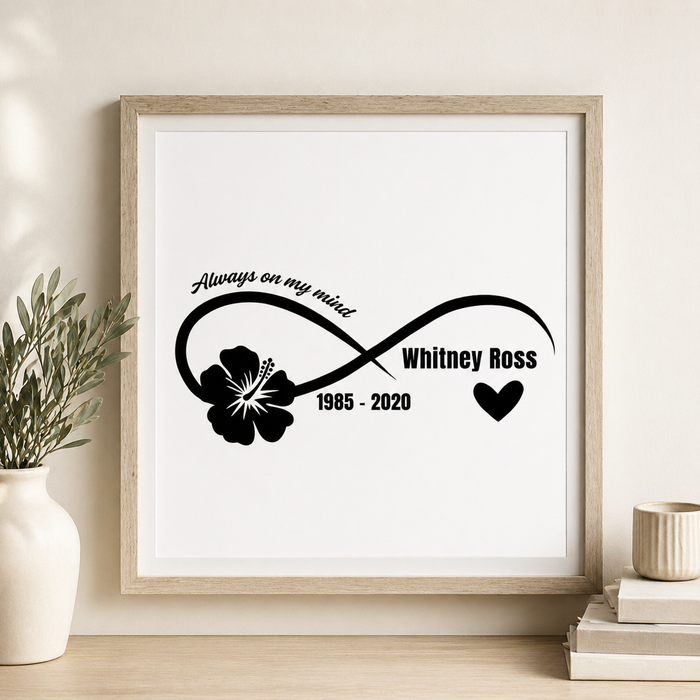 Memorial Car Decal | Infinity Design with Hibiscus Flower | Personalized Memorial Decals for Memory Boxes | Cars | Mirrors | Vases | Lanterns | Tumblers | Water Bottles | Laptops | Nostalgi Factory