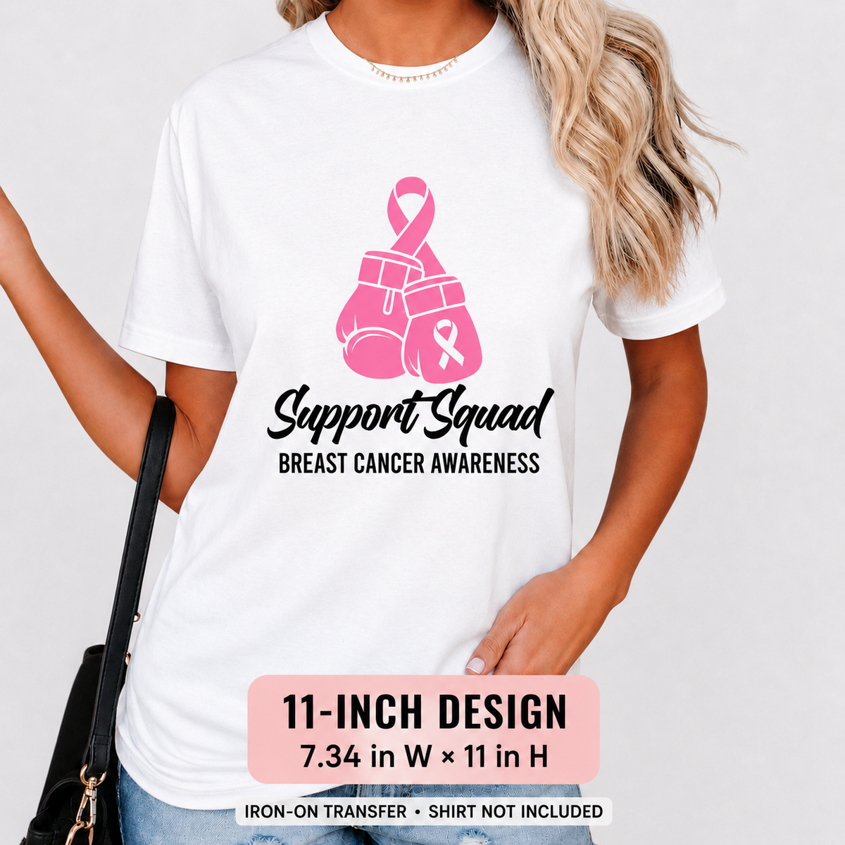 Support Squad Breast Cancer Awareness HTV decal - 10 inch design on white shirt