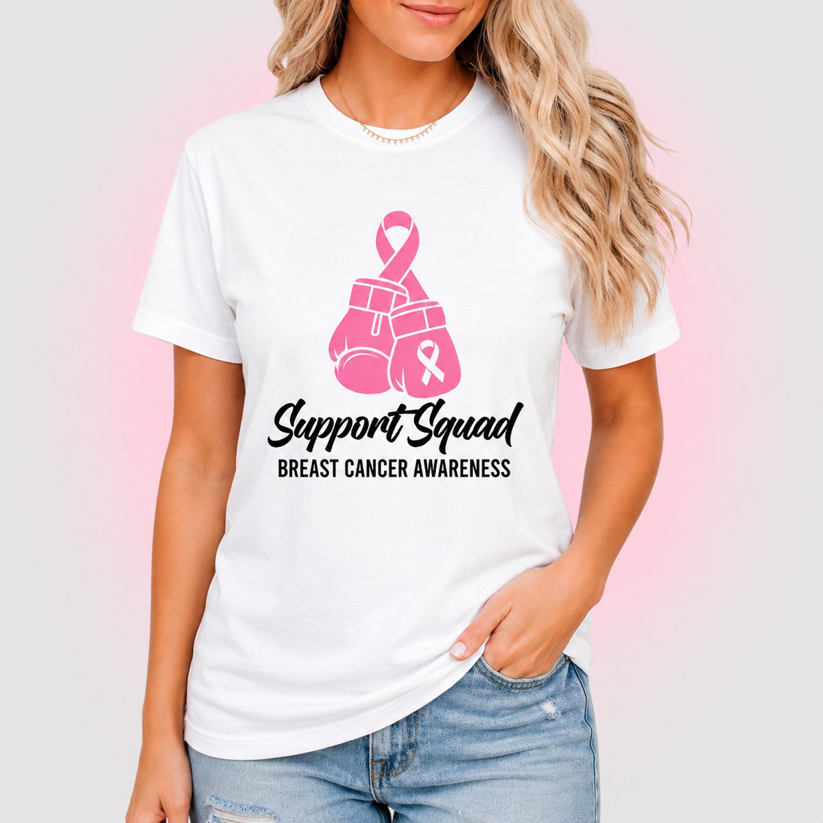 Support Squad Breast Cancer Awareness HTV decal - 12 inch design on white shirt