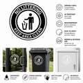 No littering vinyl sticker with features and examples of application on various surfaces.