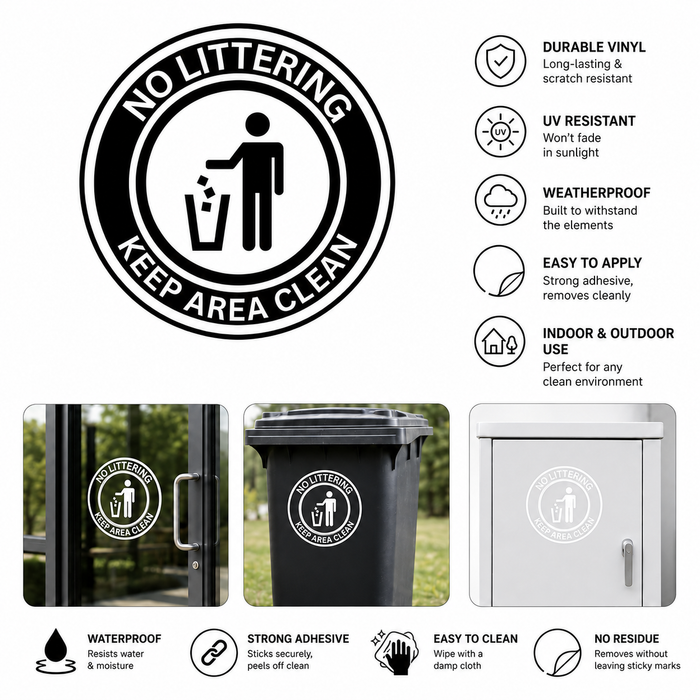 No littering vinyl sticker with features and examples of application on various surfaces.