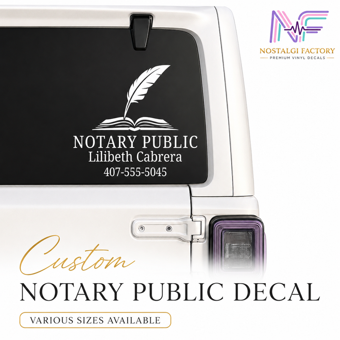 Custom Notary Public Vinyl Decal | Professional Book and Quill Logo Design | Great for Car | Laptops | Business Window | Advertising | Available in 5 Colors Generic