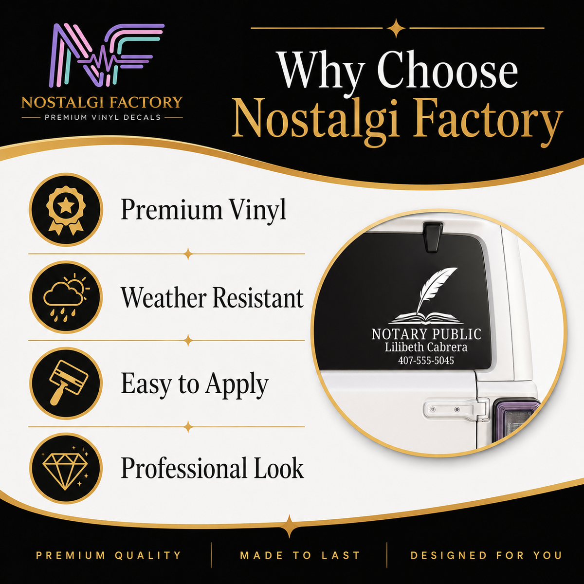 Custom Notary Public Vinyl Decal | Professional Book and Quill Logo Design | Great for Car | Laptops | Business Window | Advertising | Available in 5 Colors Generic