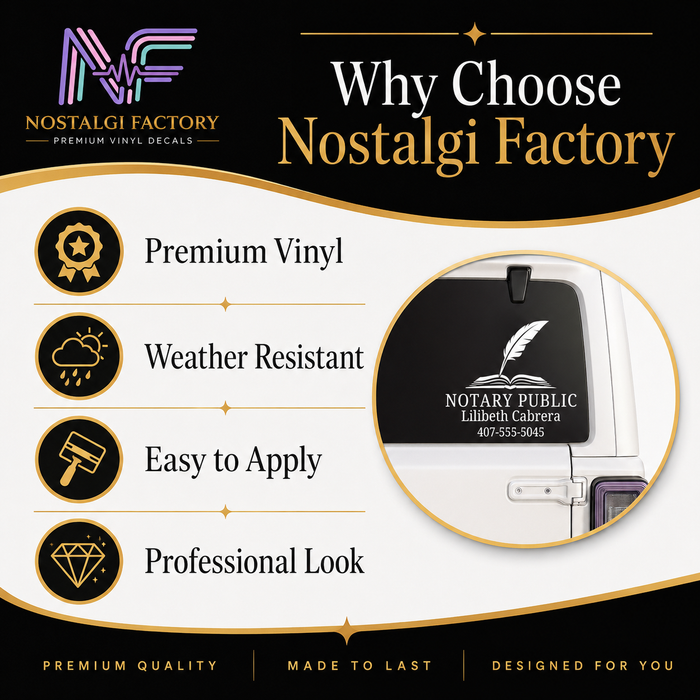 Custom Notary Public Vinyl Decal | Professional Book and Quill Logo Design | Great for Car | Laptops | Business Window | Advertising | Available in 5 Colors Generic