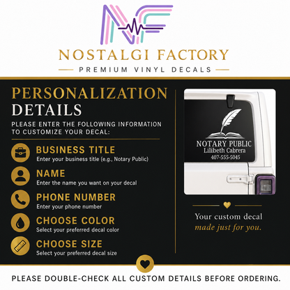 Custom Notary Public Vinyl Decal | Professional Book and Quill Logo Design | Great for Car | Laptops | Business Window | Advertising | Available in 5 Colors Generic