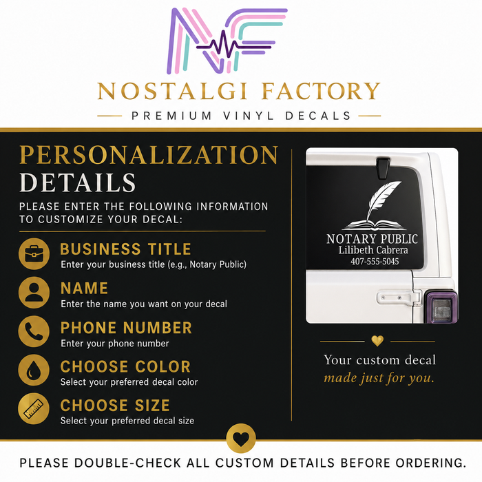 Custom Notary Public Vinyl Decal | Professional Book and Quill Logo Design | Great for Car | Laptops | Business Window | Advertising | Available in 5 Colors Generic