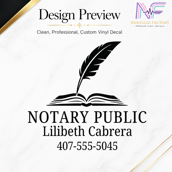 Notary public decal design with feather and book illustration on a white background