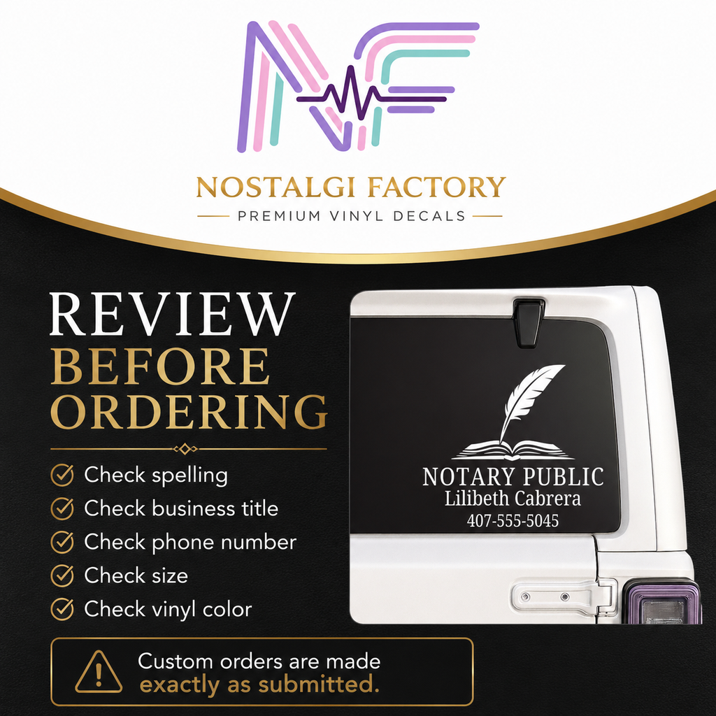 Custom Notary Public Vinyl Decal | Professional Book and Quill Logo Design | Great for Car | Laptops | Business Window | Advertising | Available in 5 Colors Generic