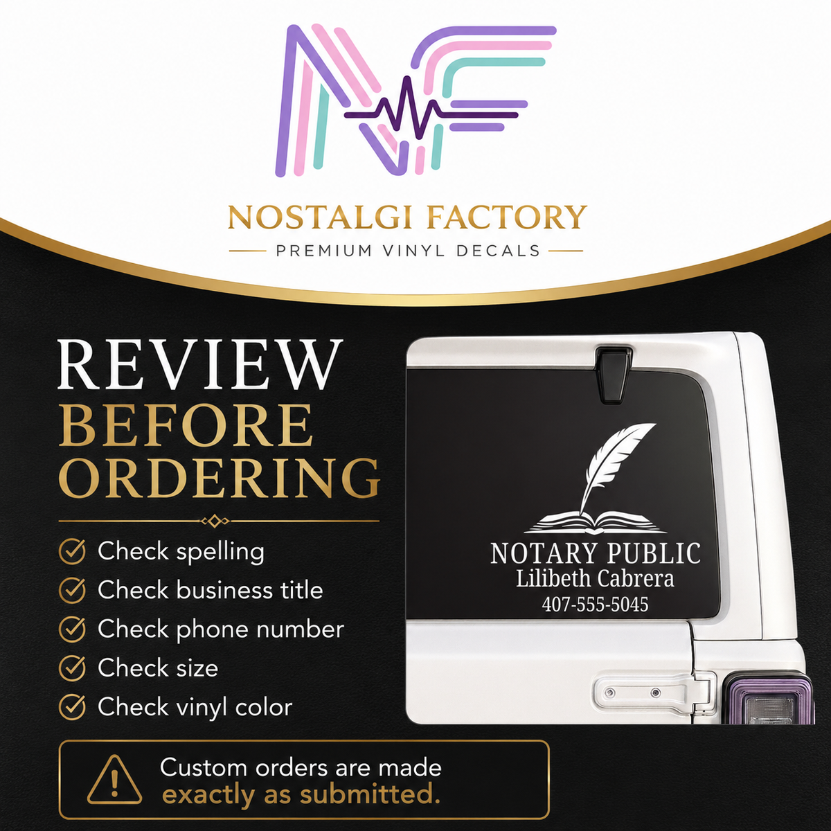 Custom Notary Public Vinyl Decal | Professional Book and Quill Logo Design | Great for Car | Laptops | Business Window | Advertising | Available in 5 Colors Generic