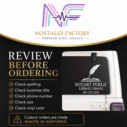Custom Notary Public Vinyl Decal | Professional Book and Quill Logo Design | Great for Car | Laptops | Business Window | Advertising | Available in 5 Colors Generic