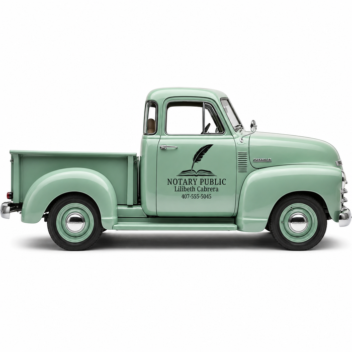 Light green vintage truck with a notary public advertisement on a white background