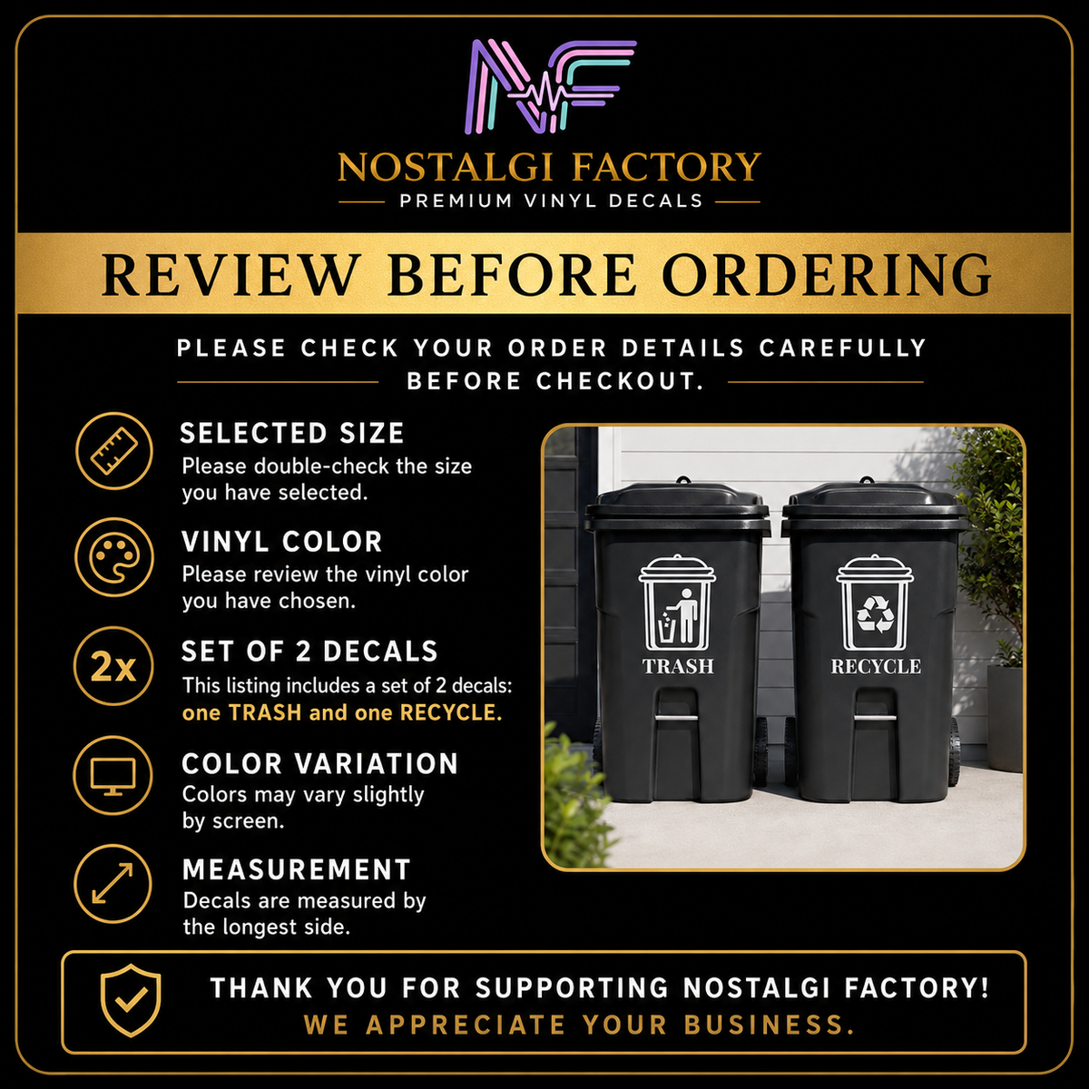 Trash & Recycle Bin Decal Stickers | Waste Management Labels | 5 Colors Available Nostalgi Factory