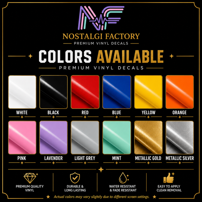 Nostalgia Factory premium vinyl decals color chart with various colors on a black background.