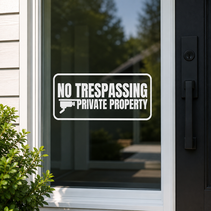 No Trespassing Private Property sign on a glass door