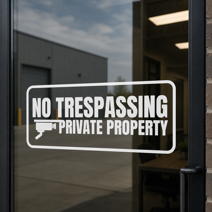 No Trespassing private property sign on a glass door.