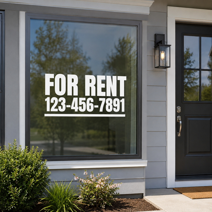 House exterior with 'For Rent' sign on glass door