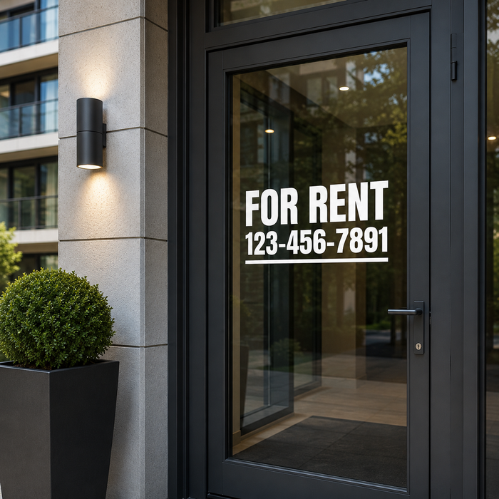 Modern building entrance with 'For Rent' sign and contact number on glass door.