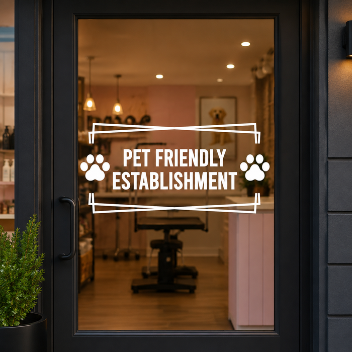 Door with 'Pet Friendly Establishment' sign inside a pet store.