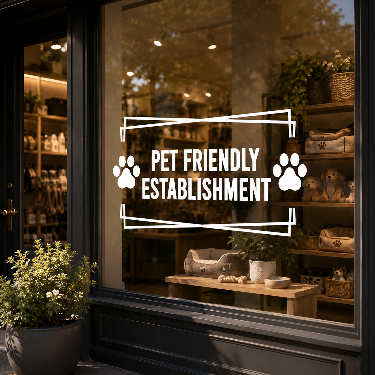 Window with 'Pet Friendly Establishment' sign inside a store.