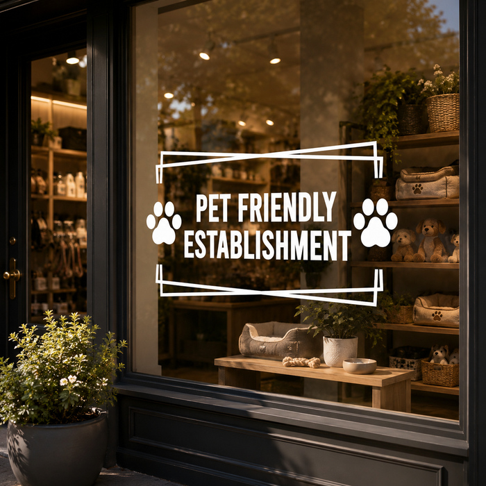 Window with 'Pet Friendly Establishment' sign inside a store.