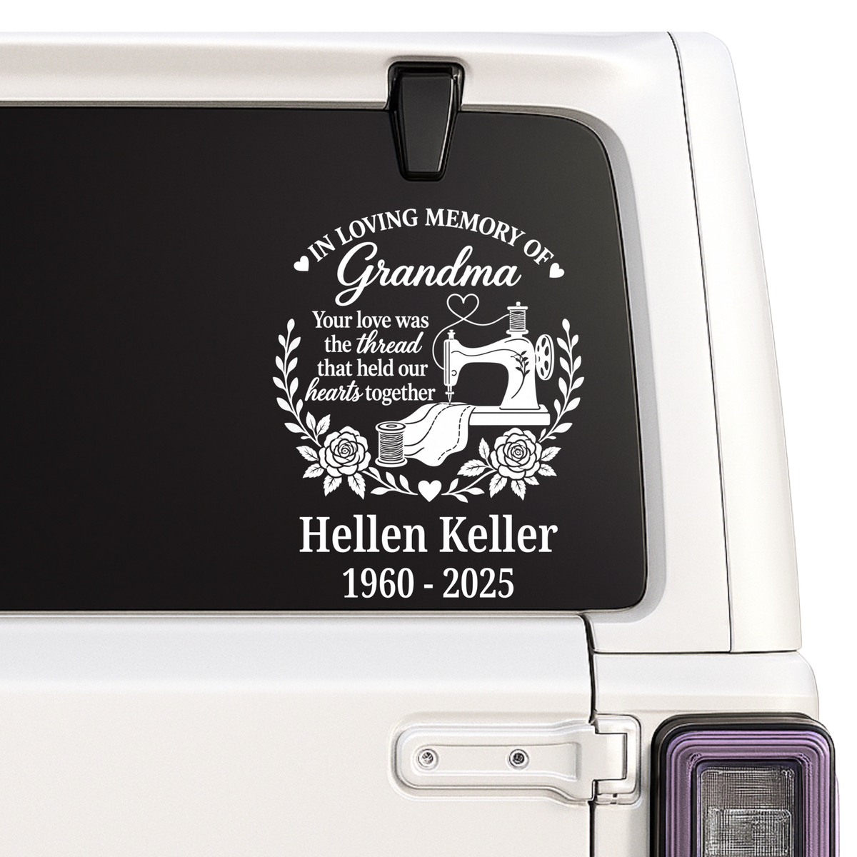Grandma Memorial Decal | Sewing Machine & Roses | Custom Name & Years