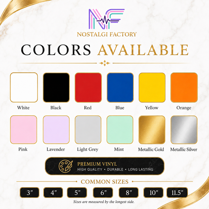 Color swatch chart for vinyl with Nostalgi Factory branding and color options.