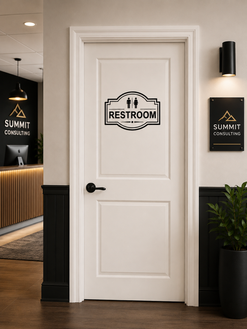 Elegant Vinyl Restroom Door Sign | Black with Decorative Border | Multiple Colors and Sizes Available | Bathroom Decals Sticker Nostalgi Factory