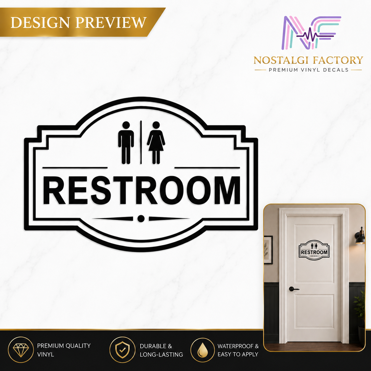 Elegant Vinyl Restroom Door Sign | Black with Decorative Border | Multiple Colors and Sizes Available | Bathroom Decals Sticker Nostalgi Factory