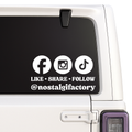 Car window with social media icons and text on a white vehicle
