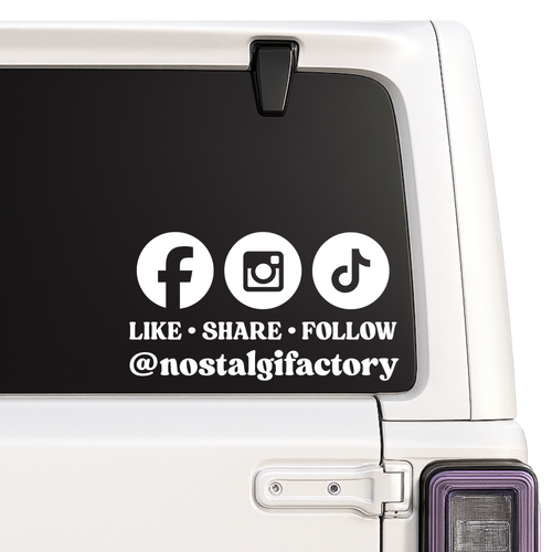 Car window with social media icons and text on a white vehicle