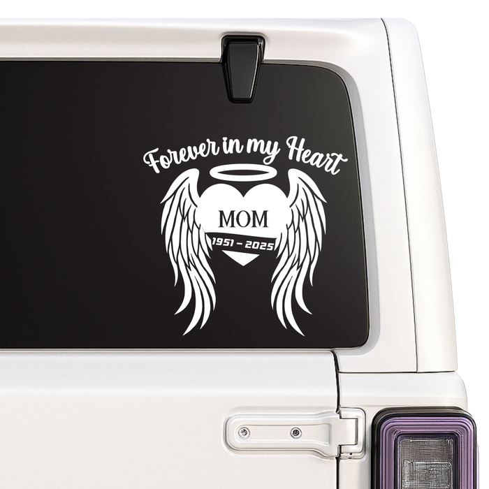 Memorial decal for a vehicle window with text 'Forever in my Heart 