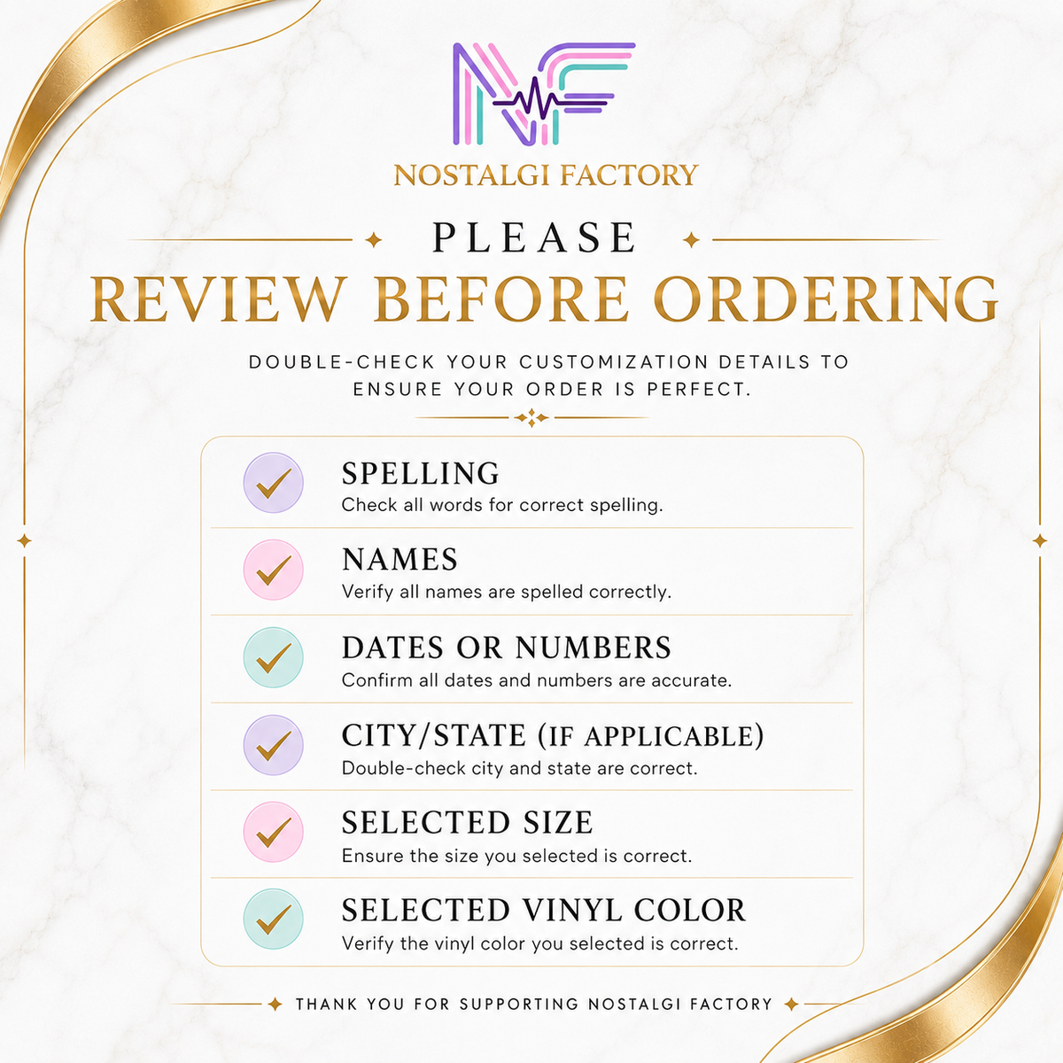 Nostalgi Factory order review checklist with customization details on a white background.