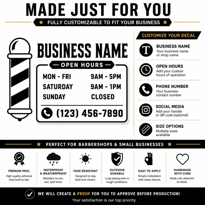 Barbershop Business Hours Decal – Custom Vinyl Window Decal Nostalgi Factory